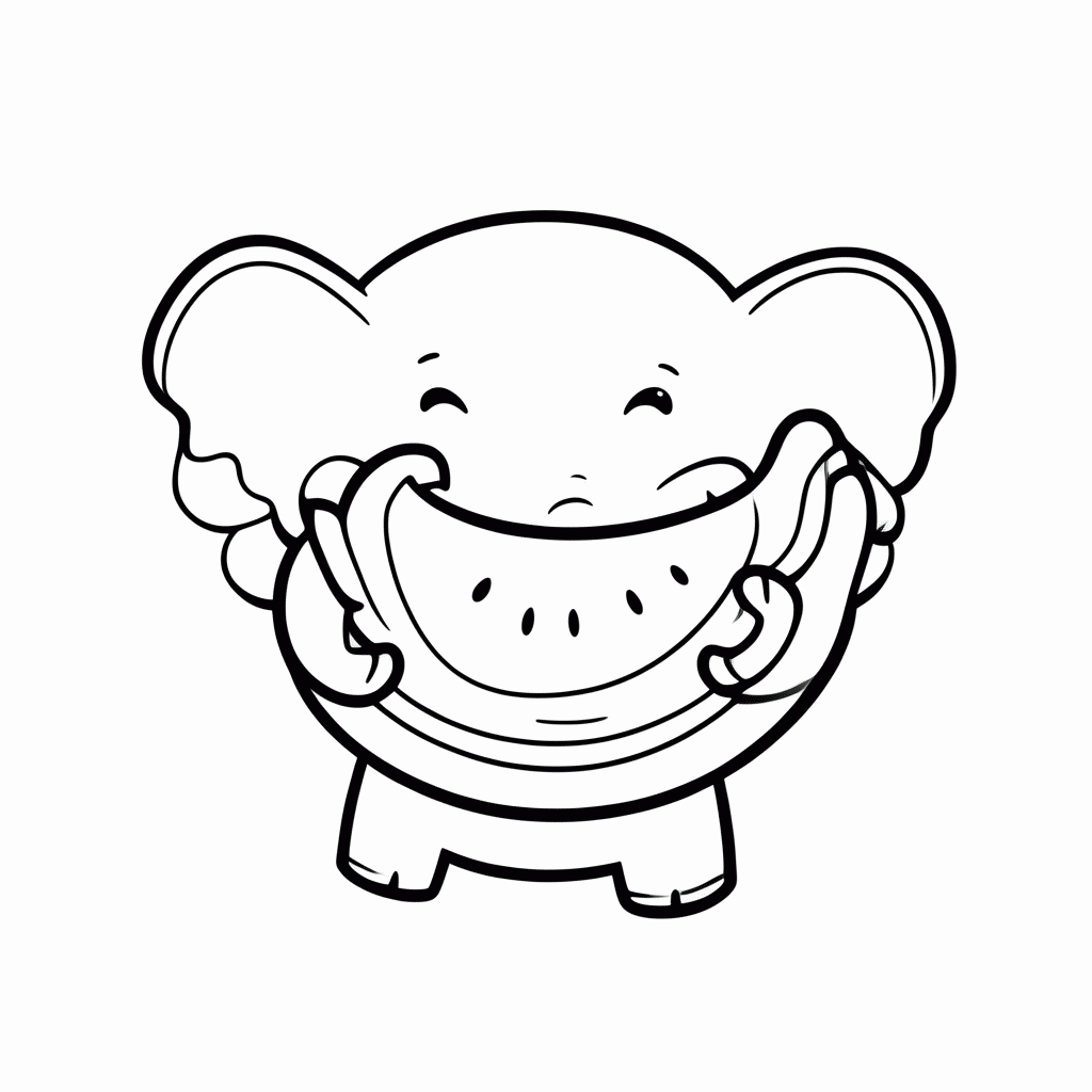 Desenho de Elefante com Melancia para colorir e imprimir grátis em folha A4