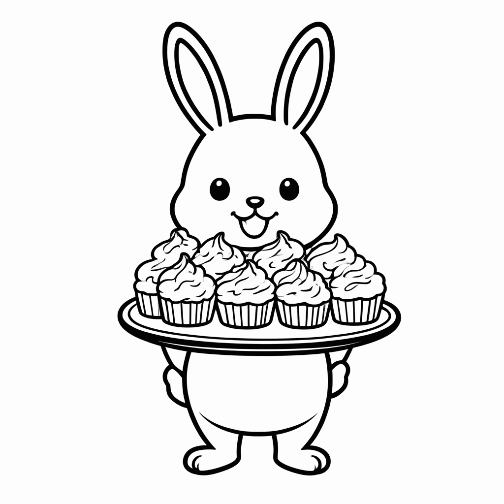 Desenho de Coelho com Cupcakes para colorir e imprimir grátis em folha A4