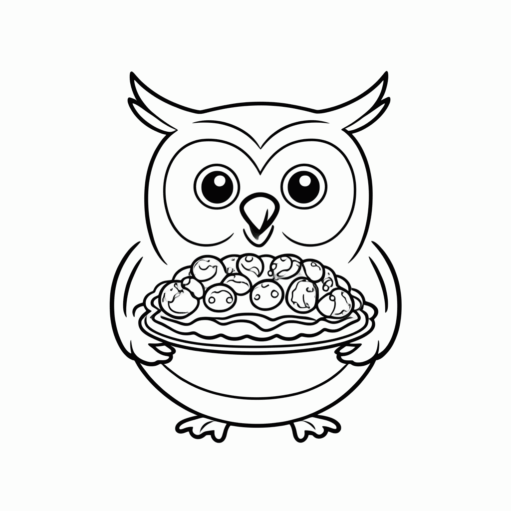 Desenho de Coruja com Torta para colorir e imprimir grátis em folha A4