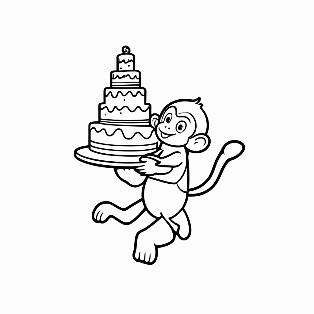 Desenho de Macaco com Bolo de Andares para colorir e imprimir grátis em folha A4