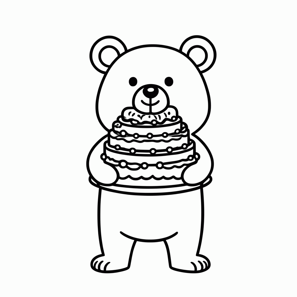 Desenho de Urso com Bolo Decorado para colorir e imprimir grátis em folha A4