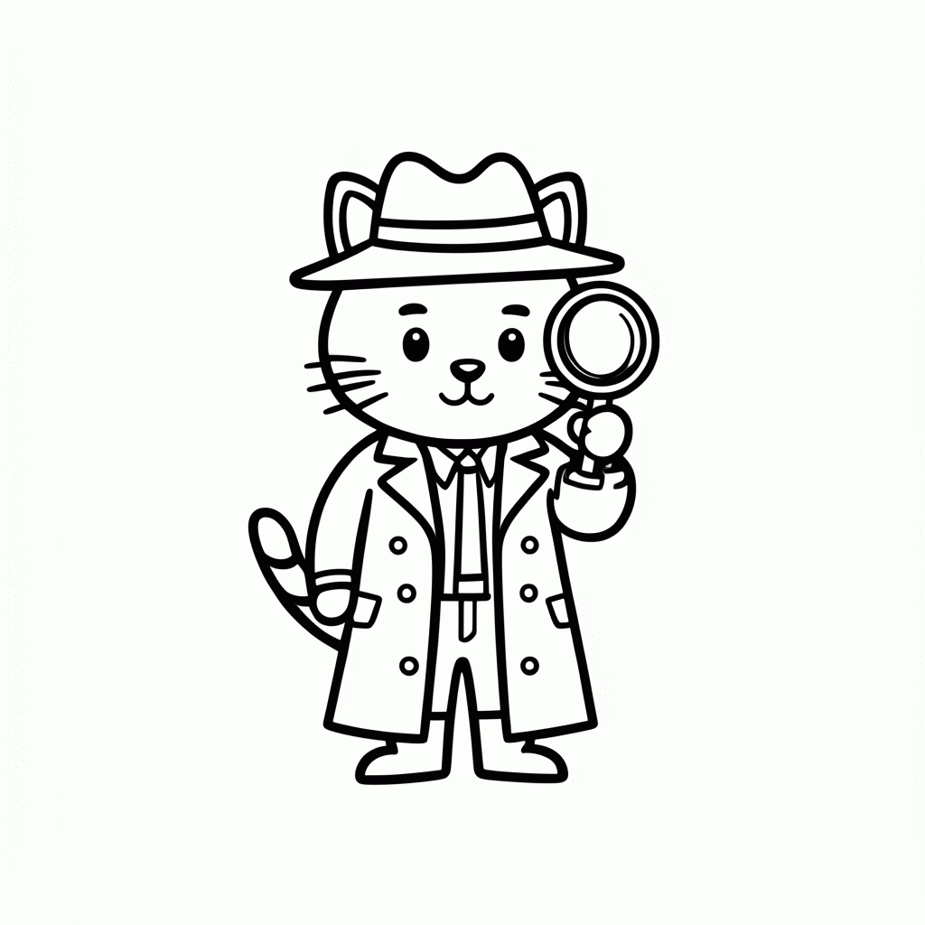 Desenho de Gato Detetive para colorir e imprimir grátis em folha A4