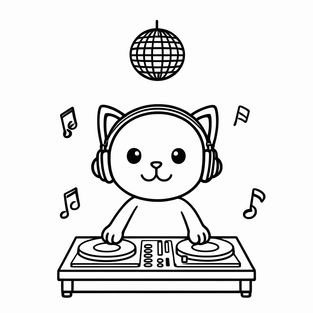 Desenho de Gato DJ para colorir e imprimir grátis em folha A4