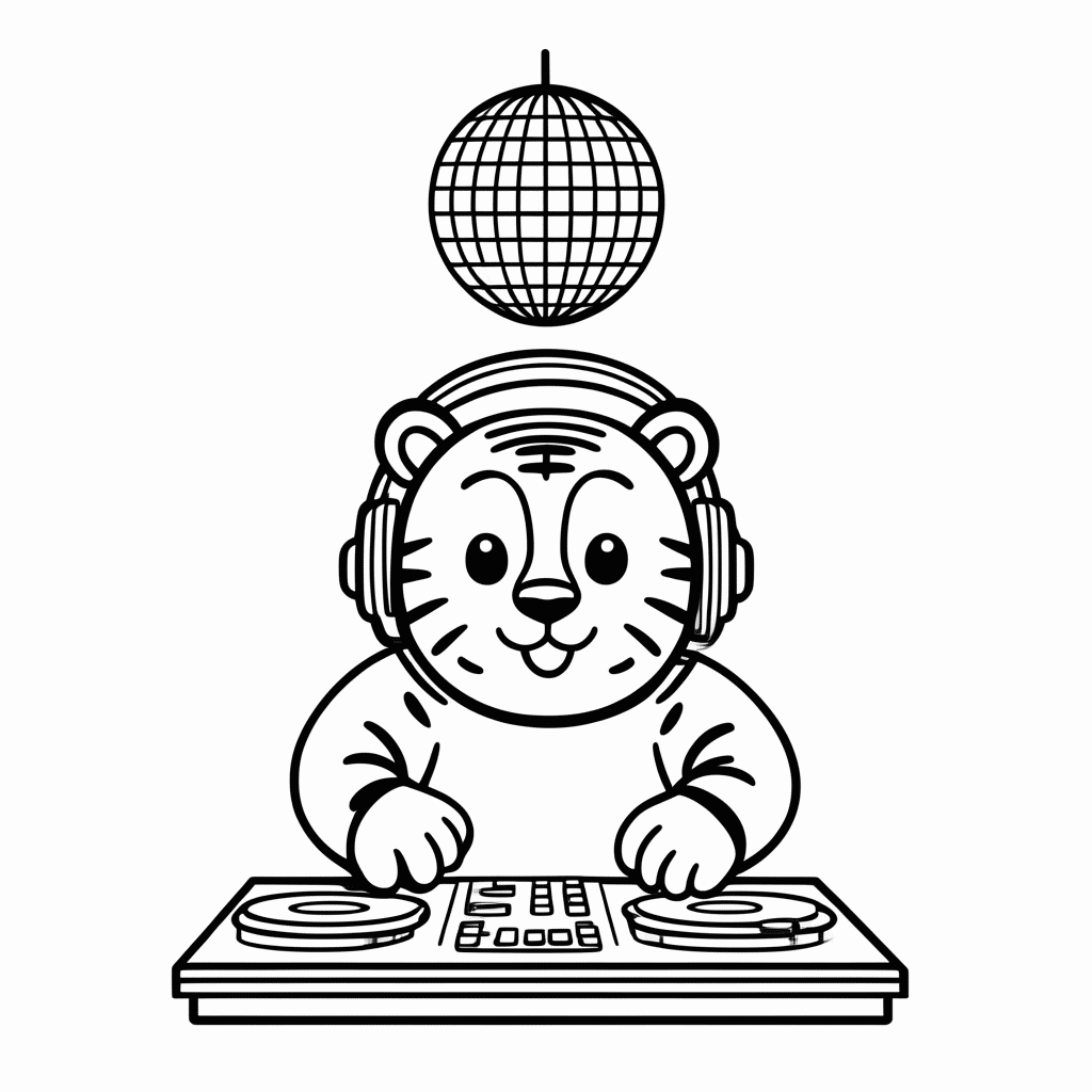 Desenho de Tigre DJ para colorir e imprimir grátis em folha A4