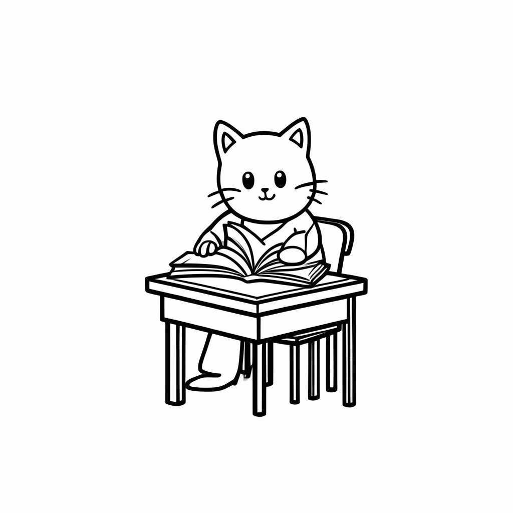 Desenho de Gato Lendo para colorir e imprimir grátis em folha A4