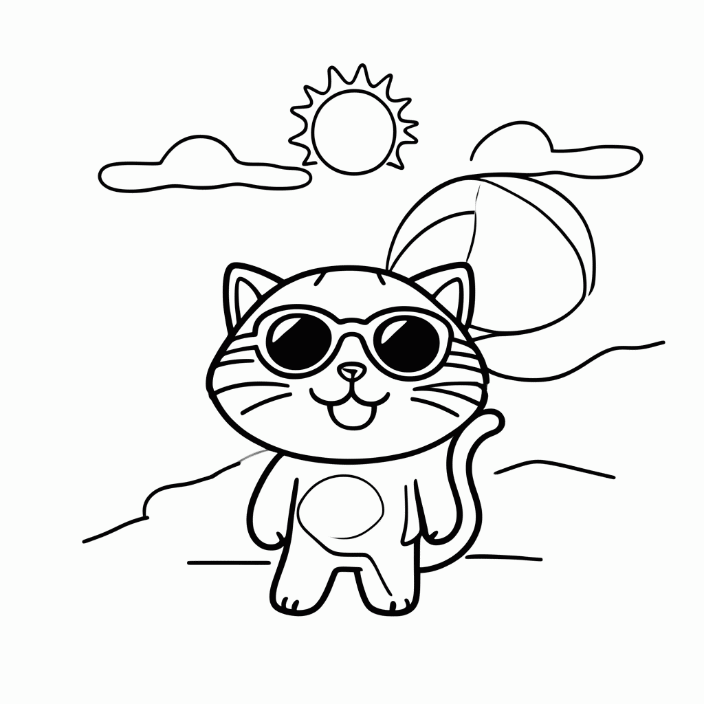 Desenho de Gato no Verão para colorir e imprimir grátis em folha A4