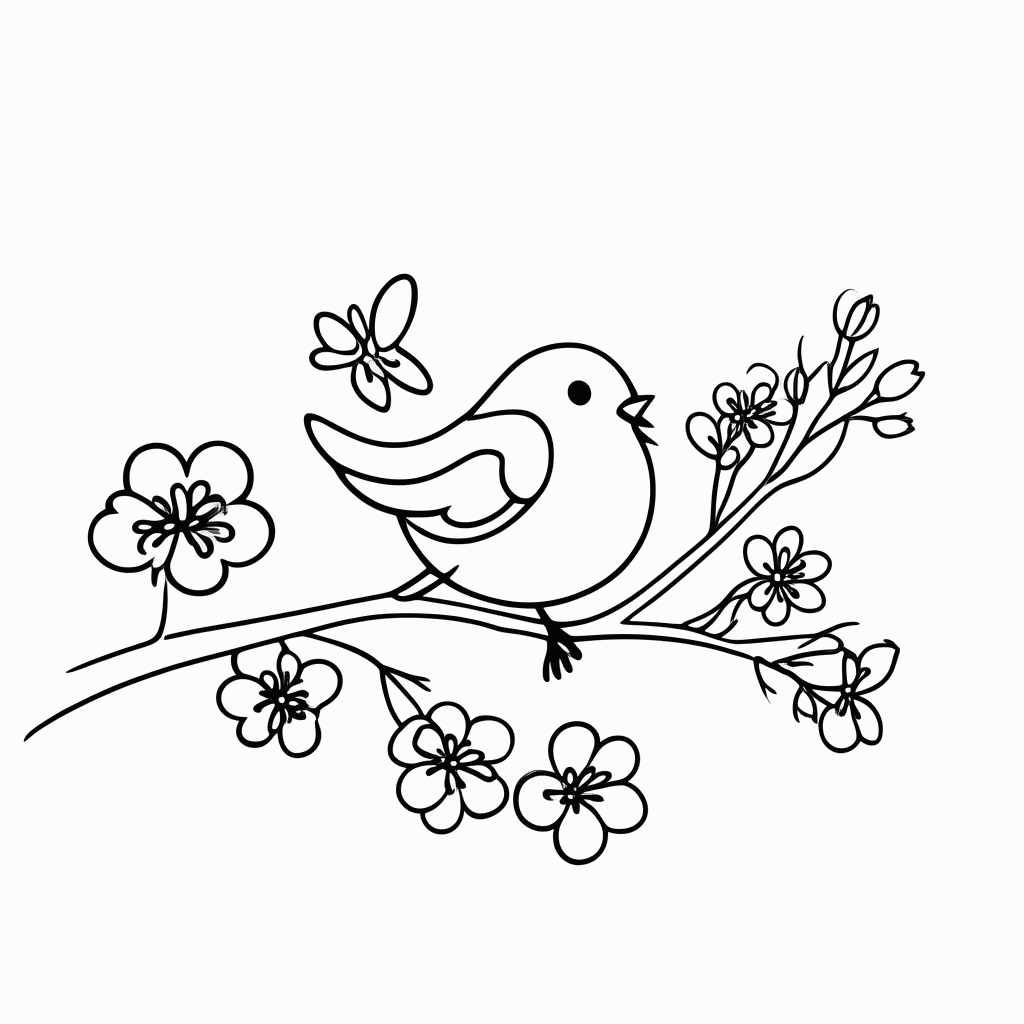 Desenho de Passarinho na Primavera para colorir e imprimir grátis em folha A4