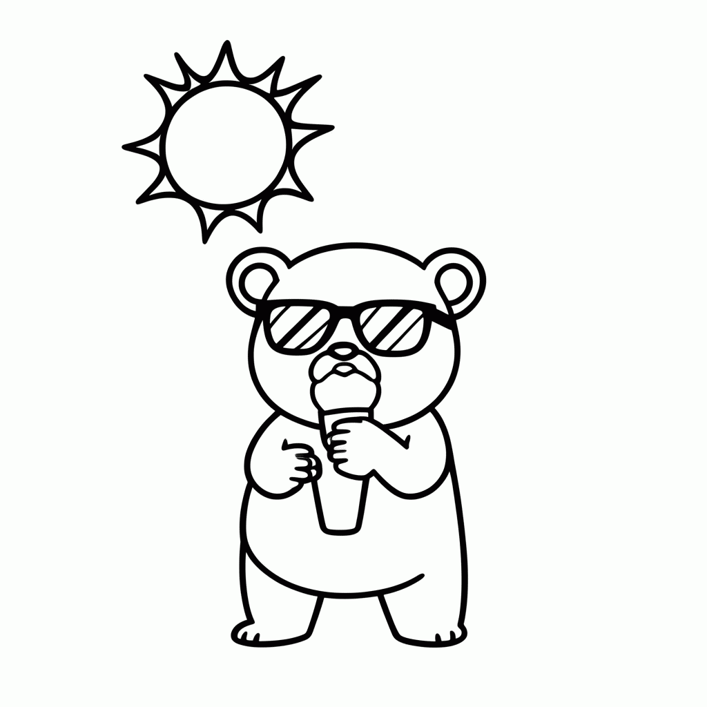 Desenho de Urso no Verão para colorir e imprimir grátis em folha A4