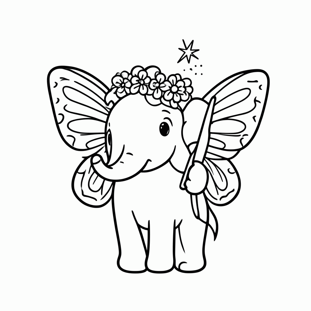 Desenho de Elefante Fada para colorir e imprimir grátis em folha A4