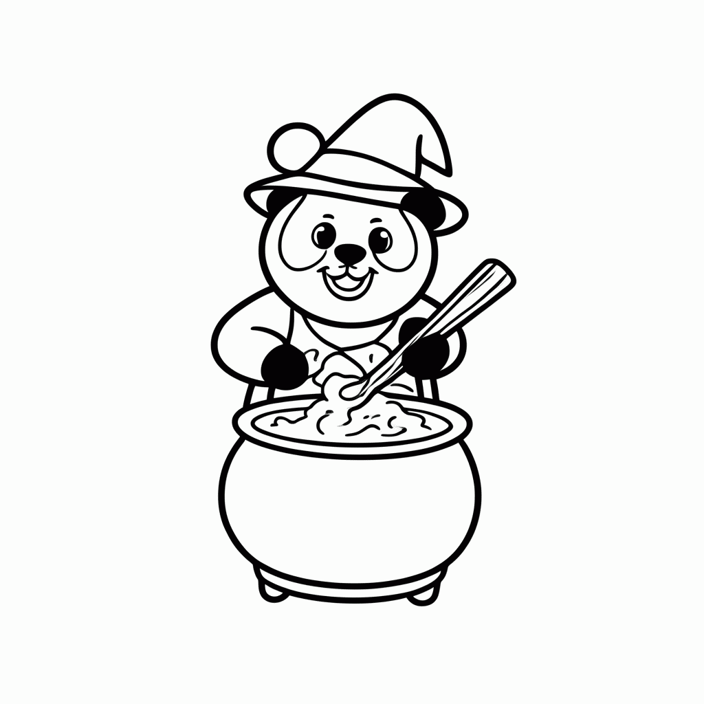 Desenho de Panda com Caldeirão para colorir e imprimir grátis em folha A4