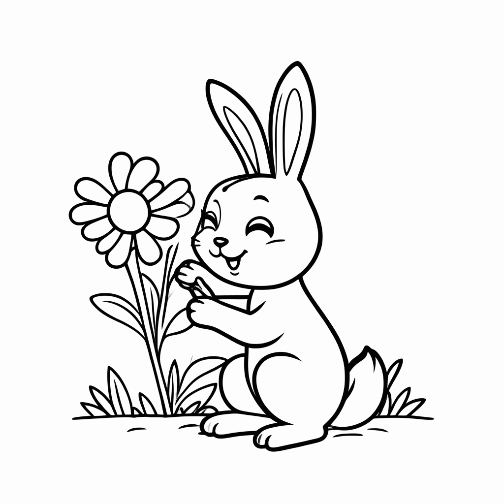 Desenho de Coelho com Flor para colorir e imprimir grátis em folha A4
