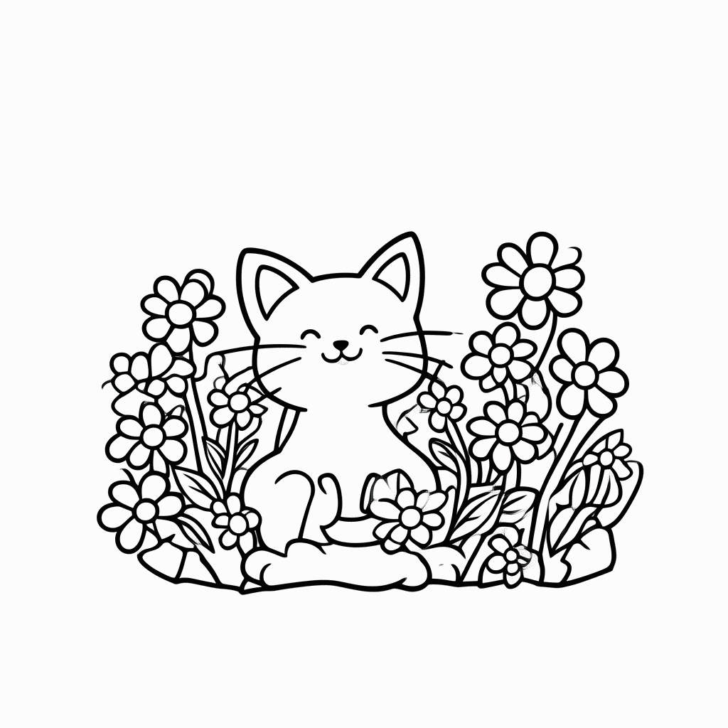 Desenho de Gato entre Flores para colorir e imprimir grátis em folha A4