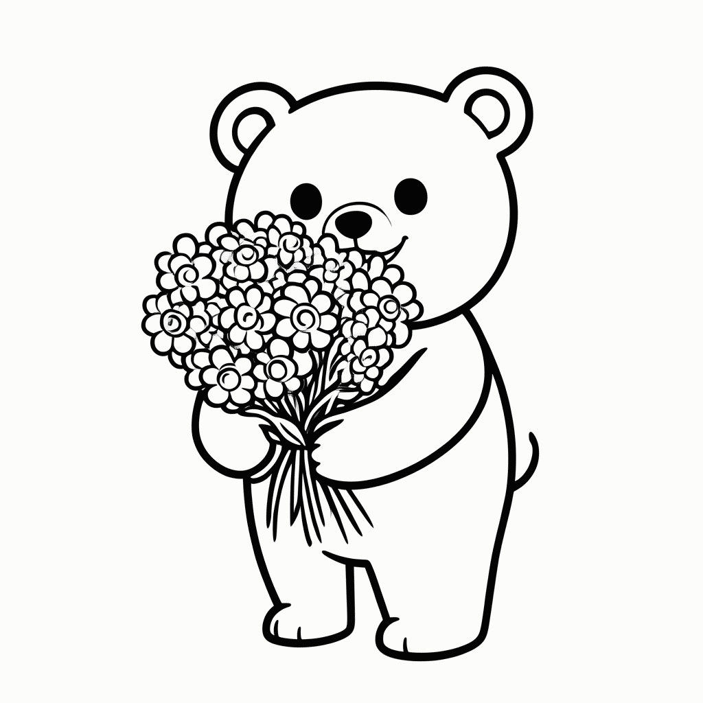 Desenho de Urso com Buquê para colorir e imprimir grátis em folha A4