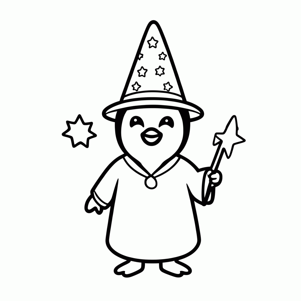 Desenho de Pinguim Mago para colorir e imprimir grátis em folha A4