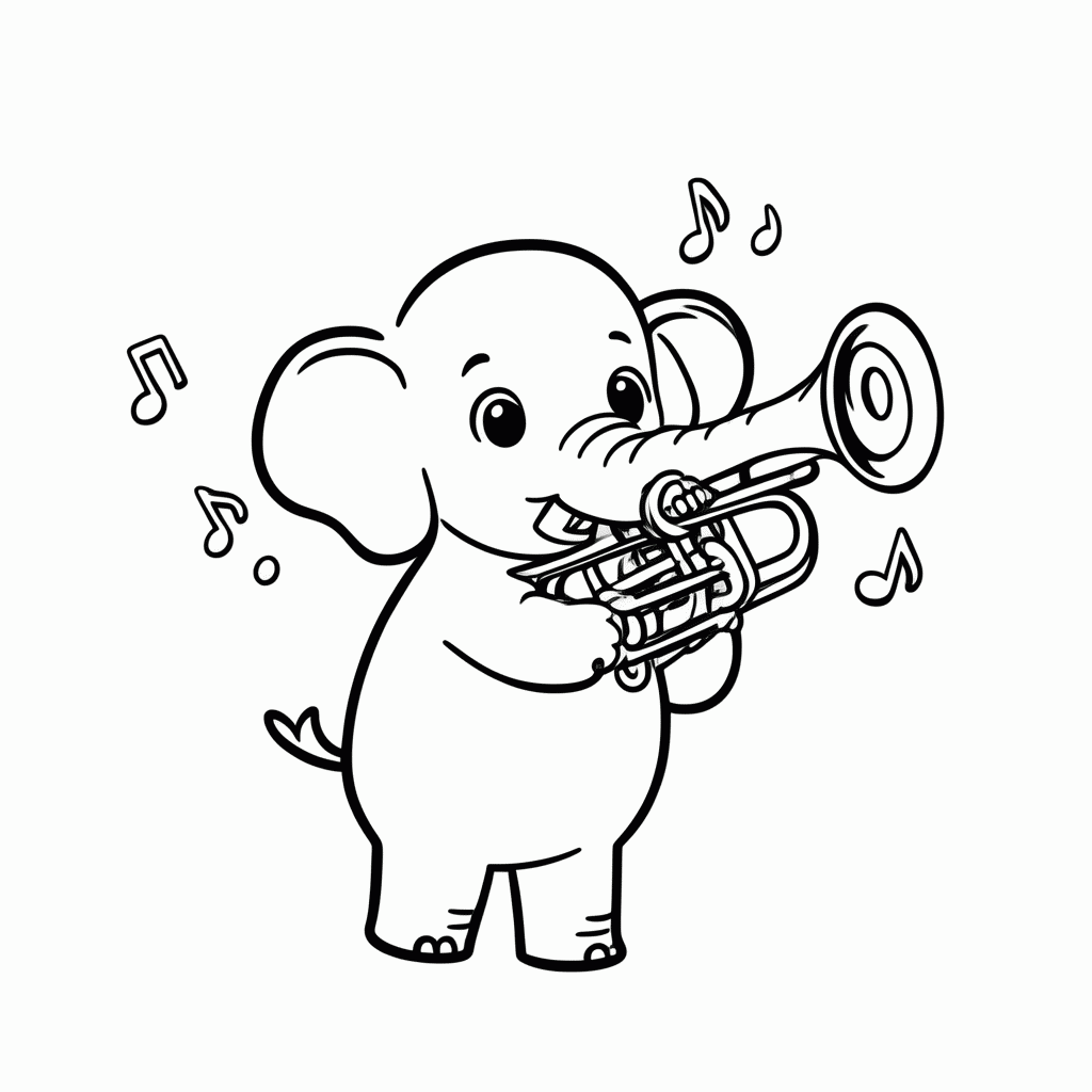 Desenho de Elefante no Trombone para colorir e imprimir grátis em folha A4