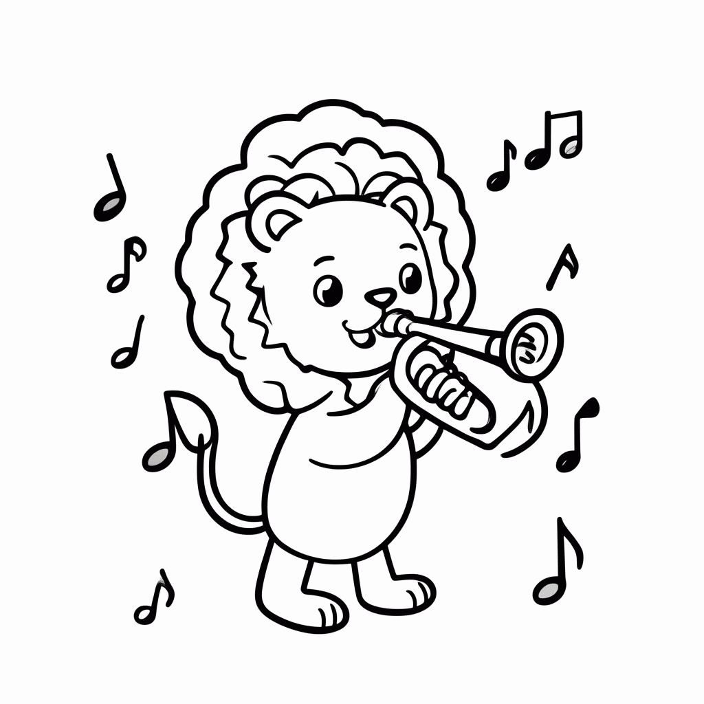 Desenho de Leão no Trompete para colorir e imprimir grátis em folha A4