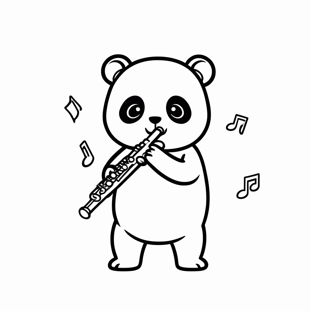 Desenho de Panda na Flauta para colorir e imprimir grátis em folha A4