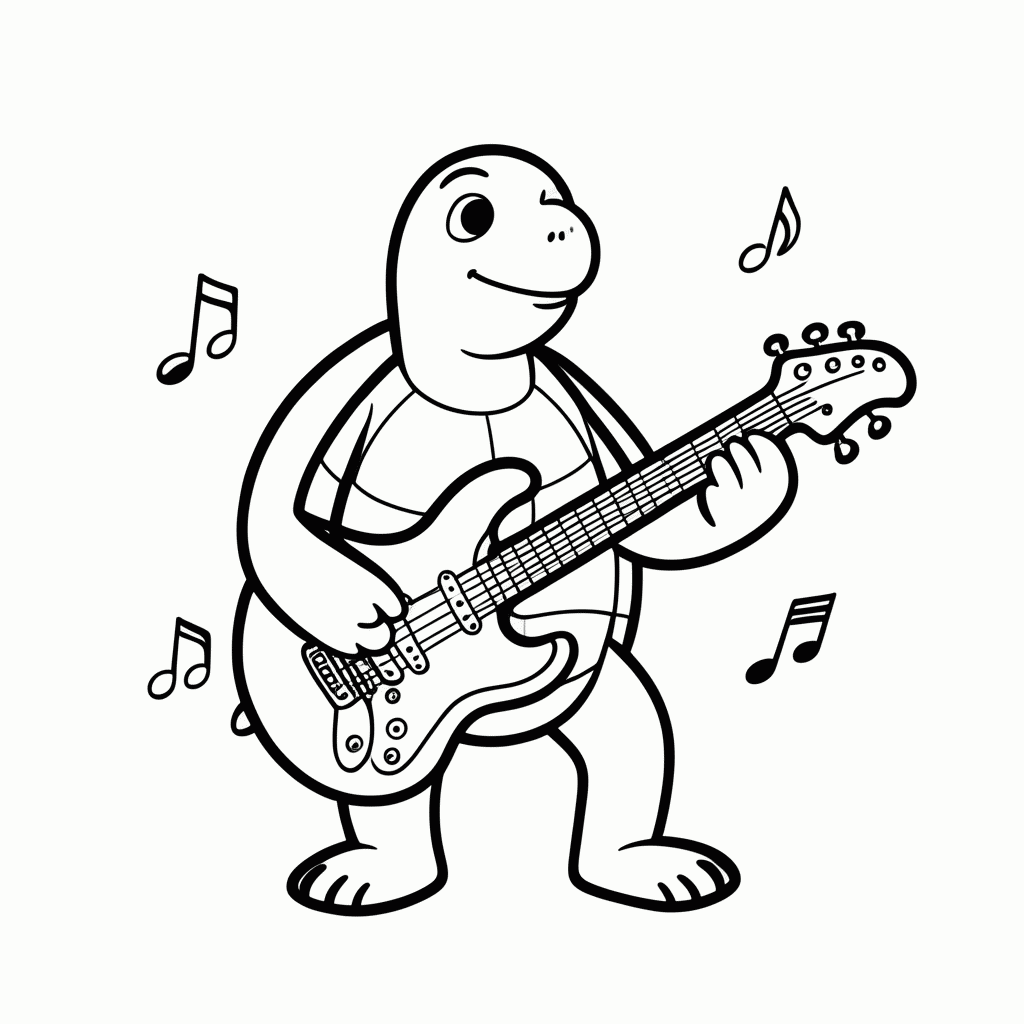Desenho de Tartaruga na Guitarra para colorir e imprimir grátis em folha A4