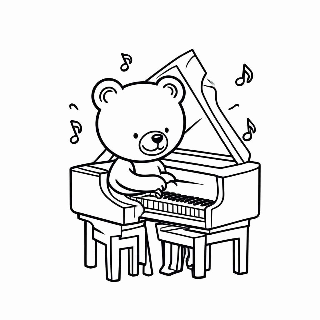 Desenho de Urso no Piano para colorir e imprimir grátis em folha A4