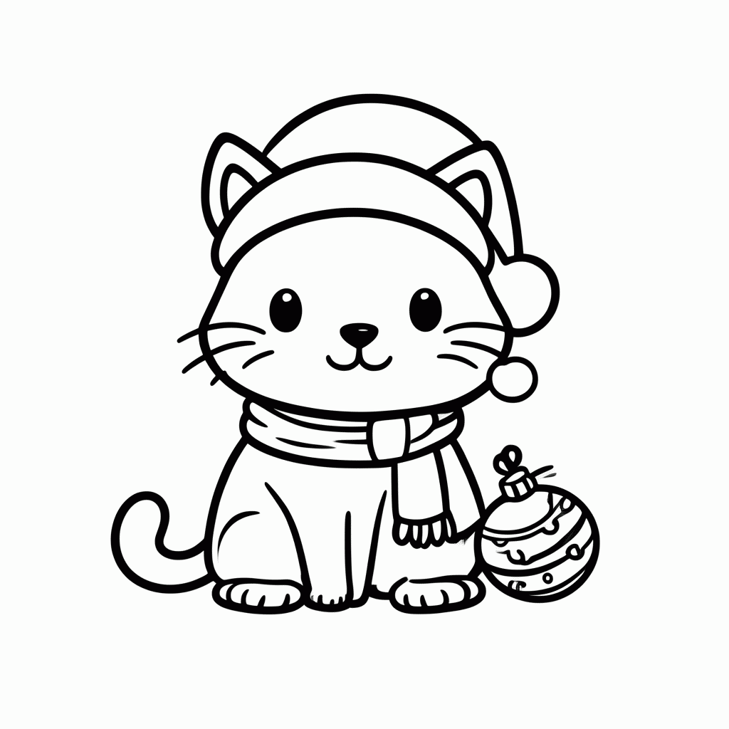 Desenho de Gato com Gorro de Natal para colorir e imprimir grátis em folha A4