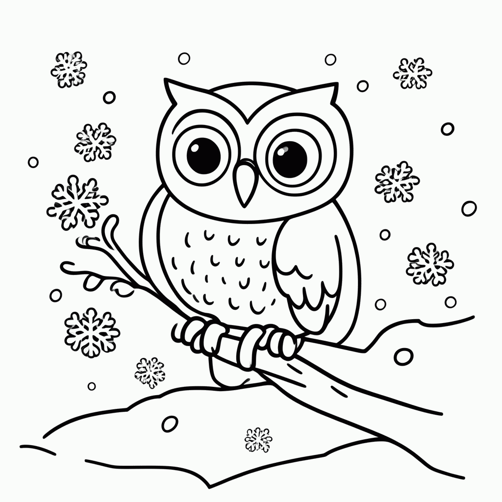 Desenho de Coruja na Neve para colorir e imprimir grátis em folha A4