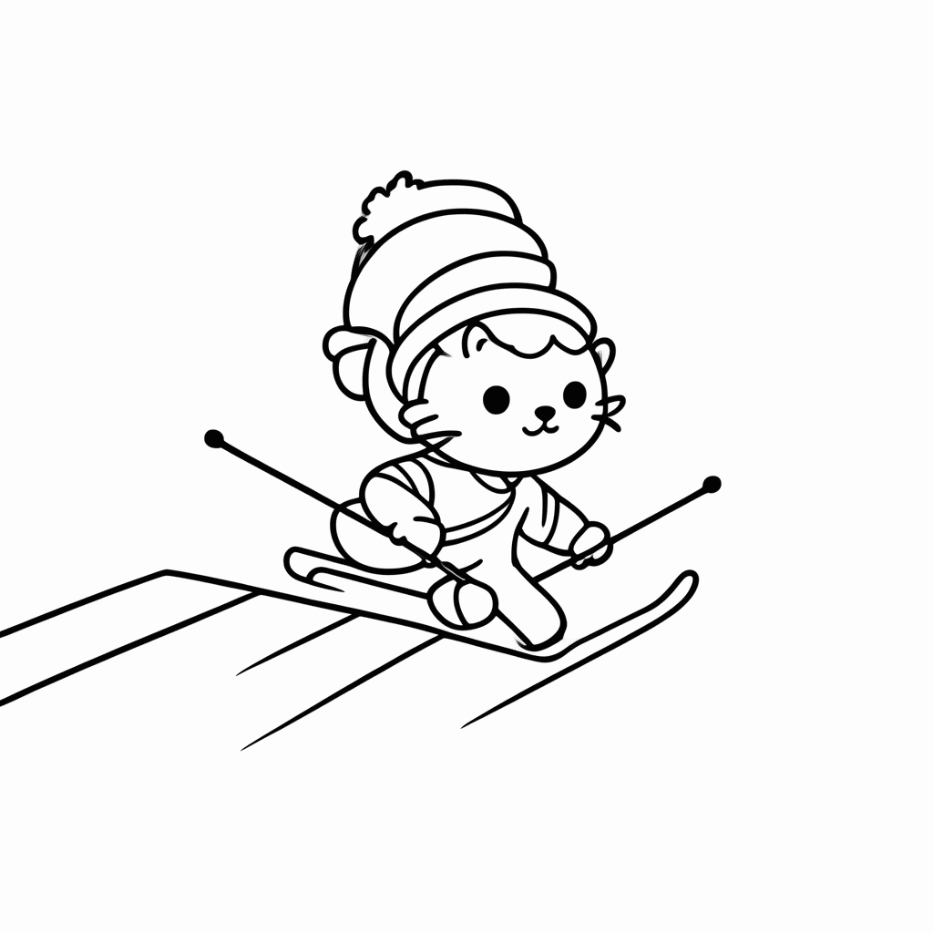 Desenho de Gato Esquiando para colorir e imprimir grátis em folha A4
