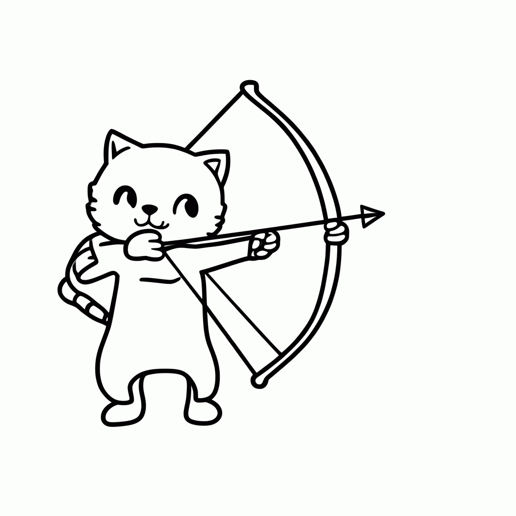 Desenho de Gato no Arco e Flecha para colorir e imprimir grátis em folha A4