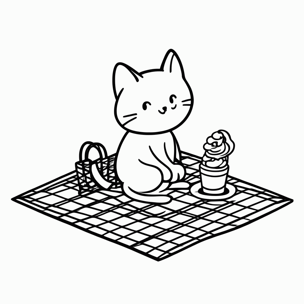Desenho de Gato no Piquenique para colorir e imprimir grátis em folha A4