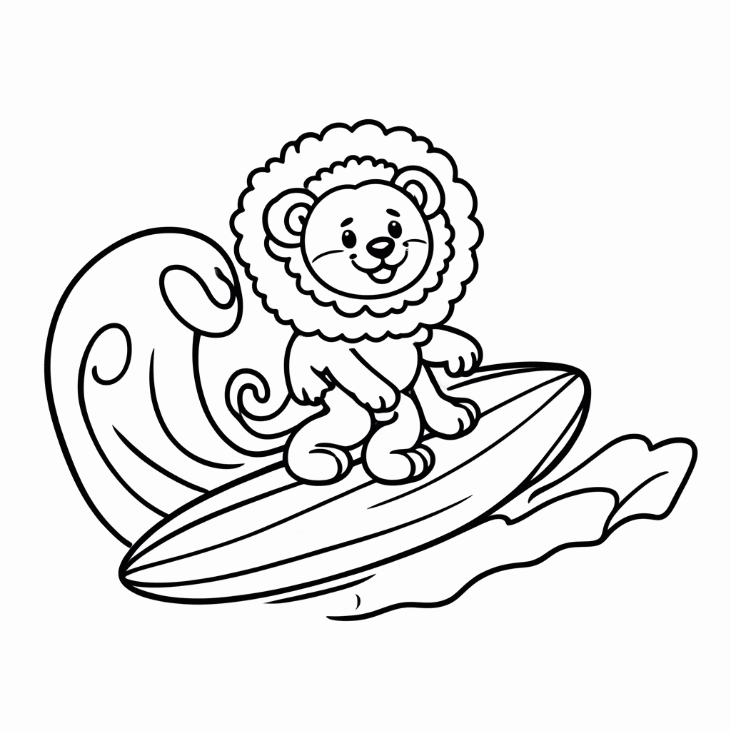 Desenho de Leão Surfista para colorir e imprimir grátis em folha A4