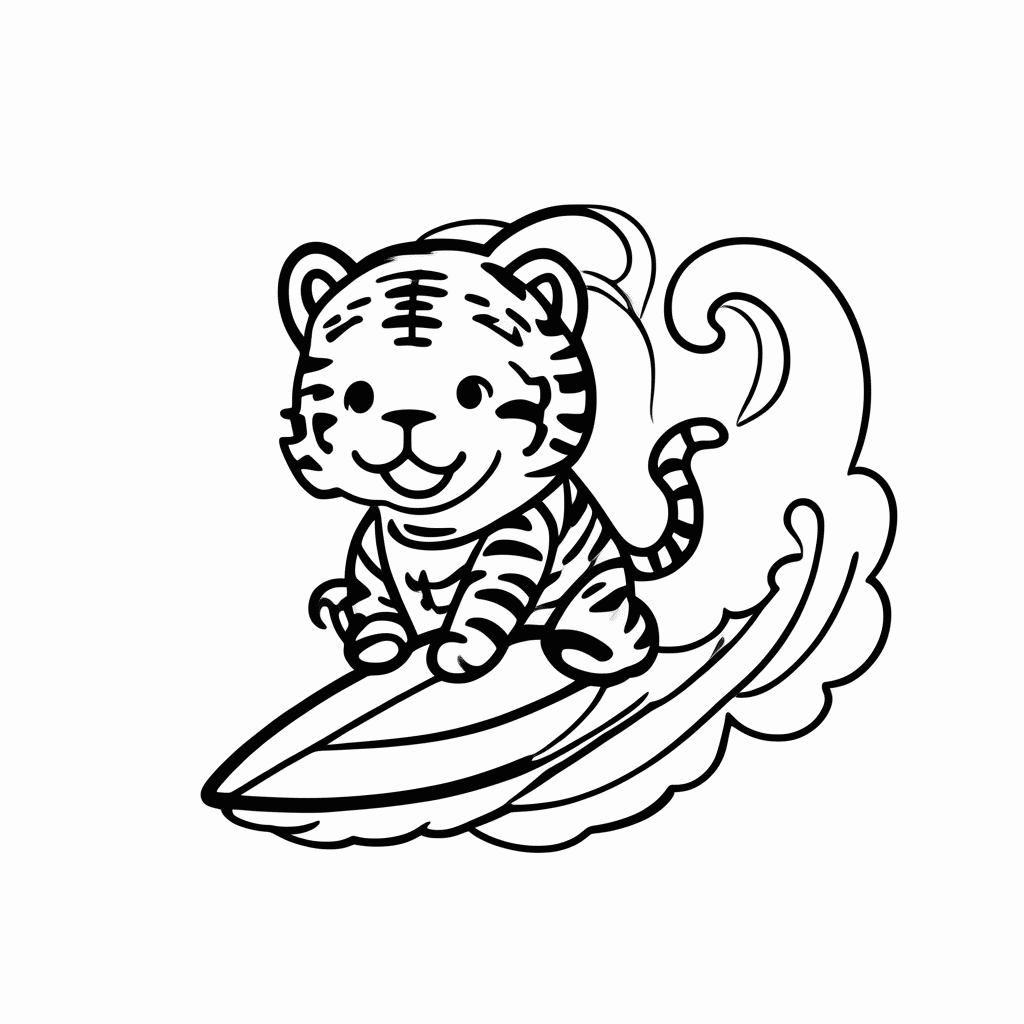 Desenho de Tigre Surfista para colorir e imprimir grátis em folha A4