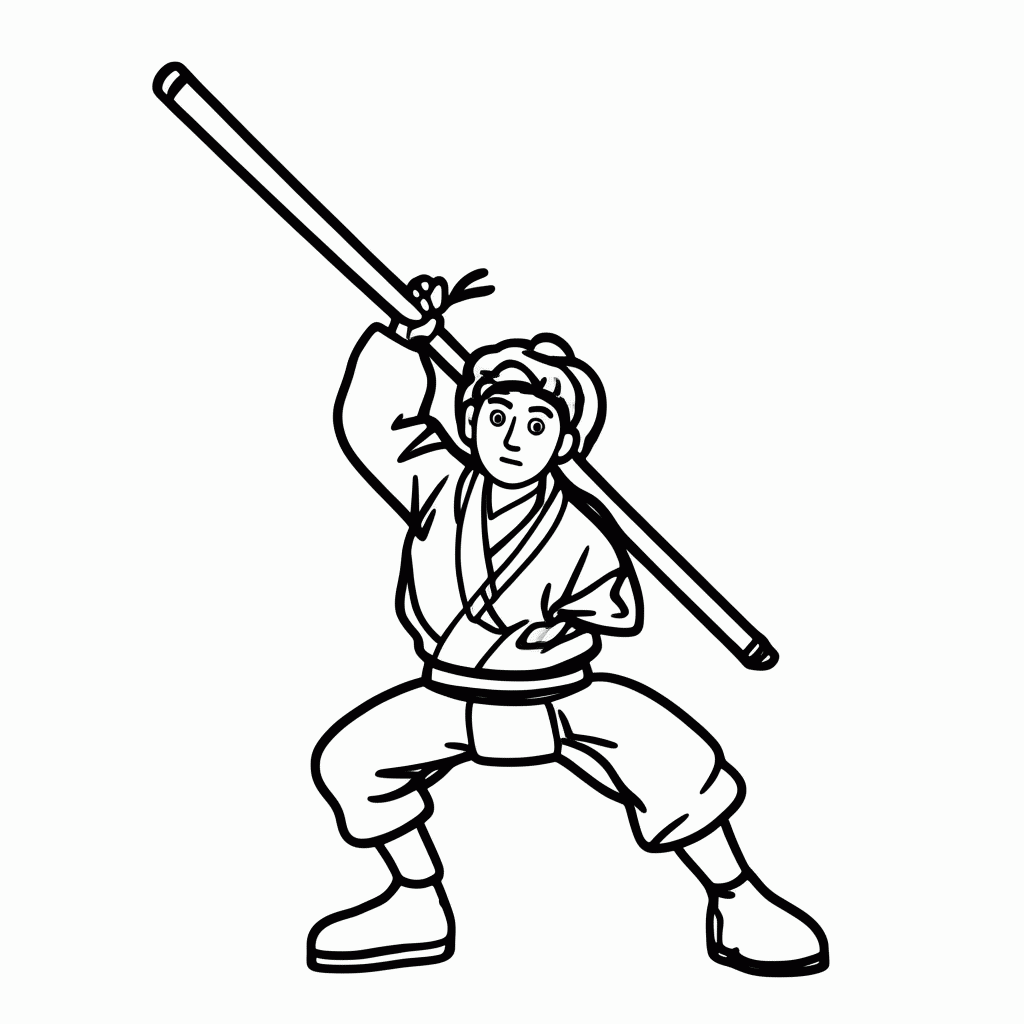 Desenho de Kung Fu Com Bastao para colorir e imprimir grátis em folha A4