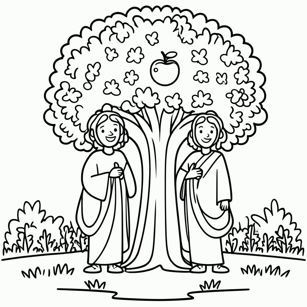 Desenho de Adão e Eva no Jardim do Éden para colorir e imprimir grátis em folha A4
