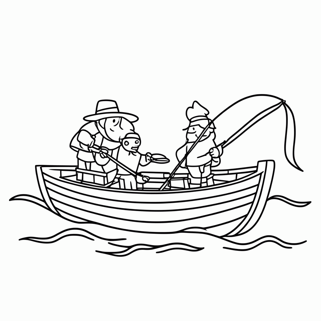 Desenho de Pedro e André Pescando para colorir e imprimir grátis em folha A4