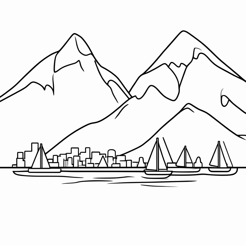 Desenho de Vancouver (Montanhas e Mar) para colorir e imprimir grátis em folha A4