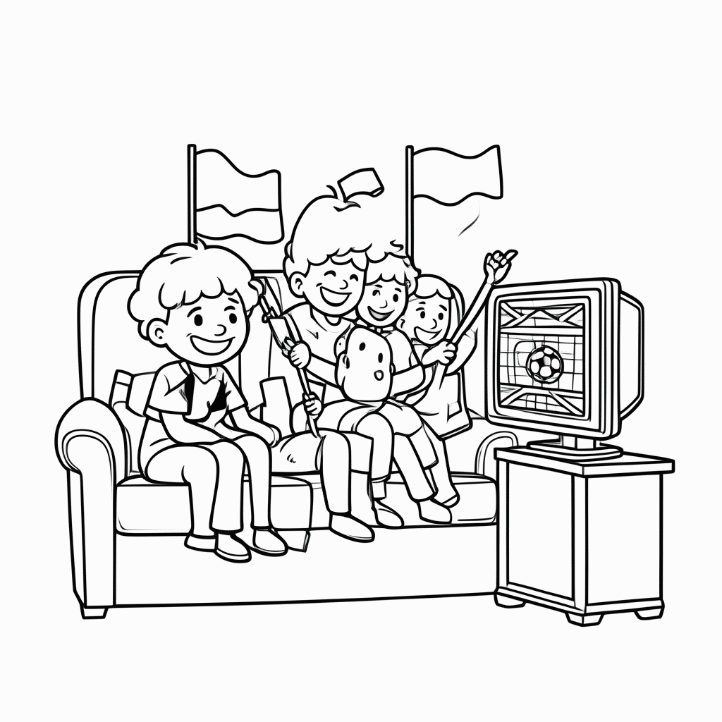 Desenho de Família Assistindo à Copa para colorir e imprimir grátis em folha A4