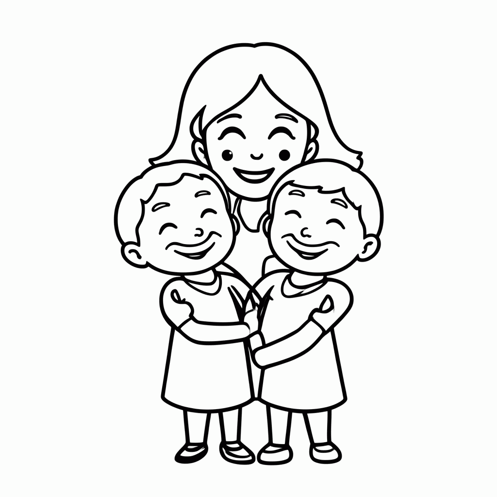 Desenho de Mae Com Filhos Abraco para colorir e imprimir grátis em folha A4