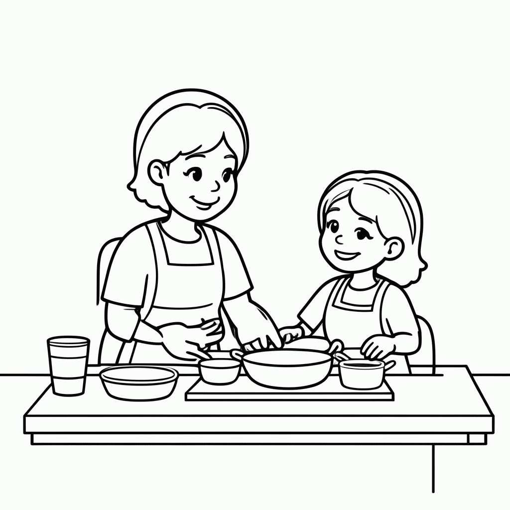 Desenho de Mae Cozinhando Com Crianca para colorir e imprimir grátis em folha A4