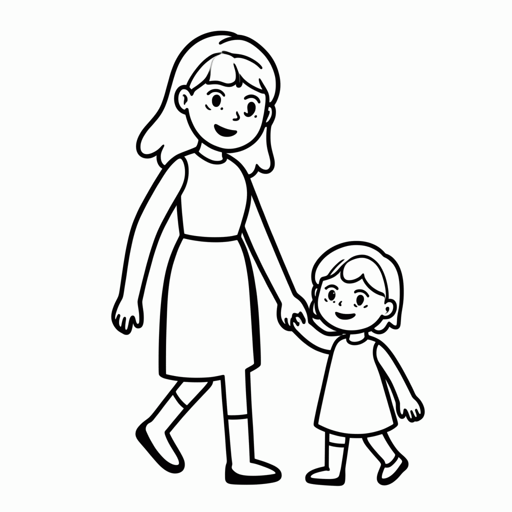 Desenho de Mae E Filha De Maos Dadas para colorir e imprimir grátis em folha A4