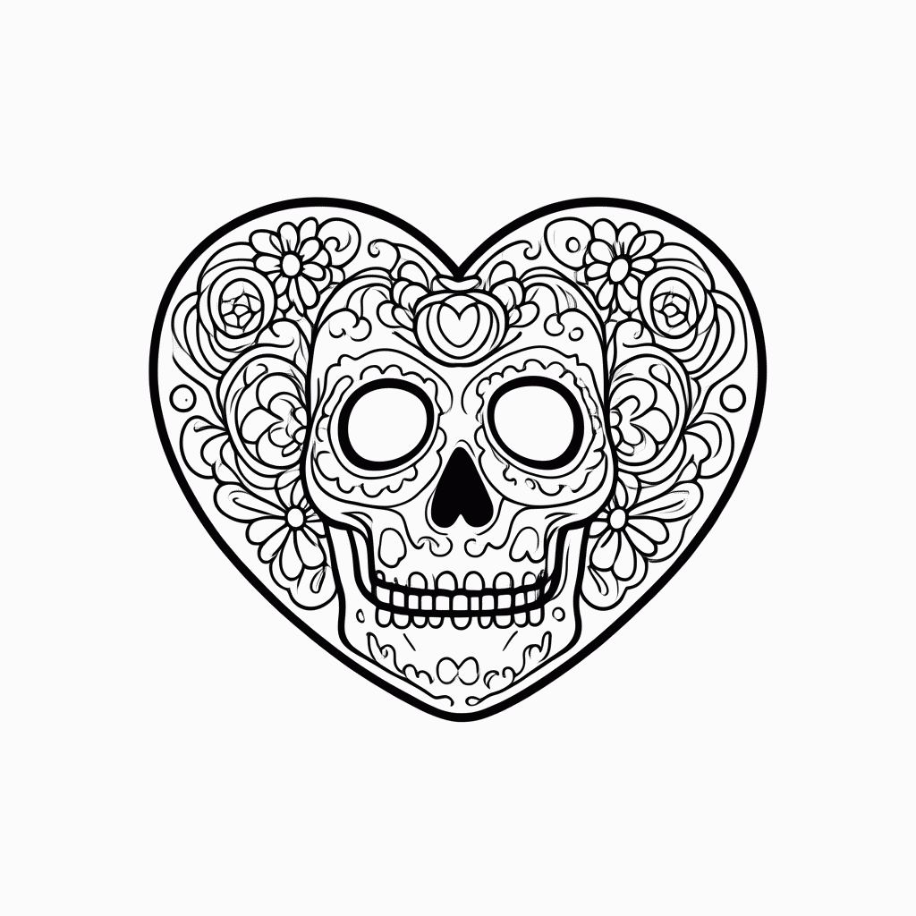 Desenho de Calavera Coracao Flores para colorir e imprimir grátis em folha A4