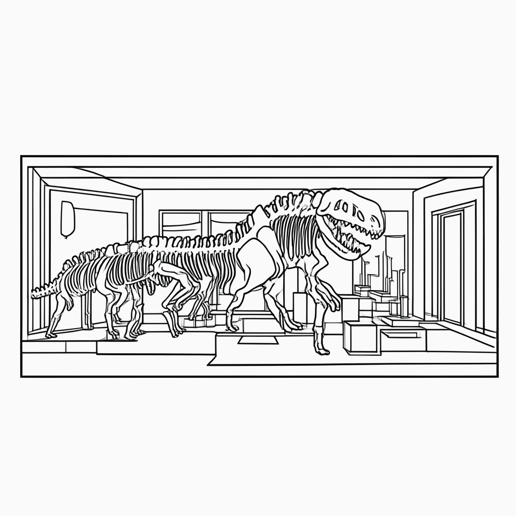 Desenho de Museu Com Dinossauros para colorir e imprimir grátis em folha A4