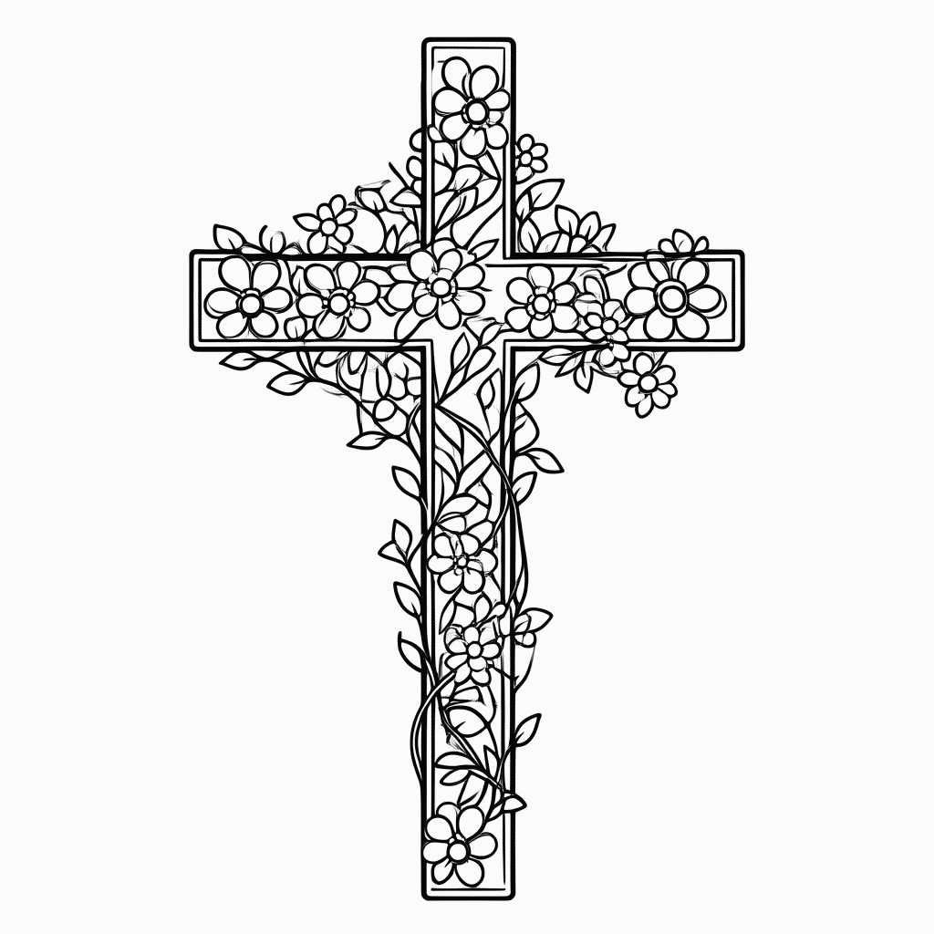 Desenho de Cruz com Flores para colorir e imprimir grátis em folha A4