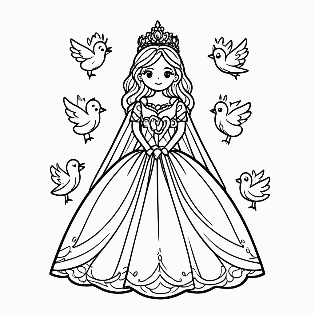 Desenho de Branca de Neve e os Passarinhos para colorir e imprimir grátis em folha A4
