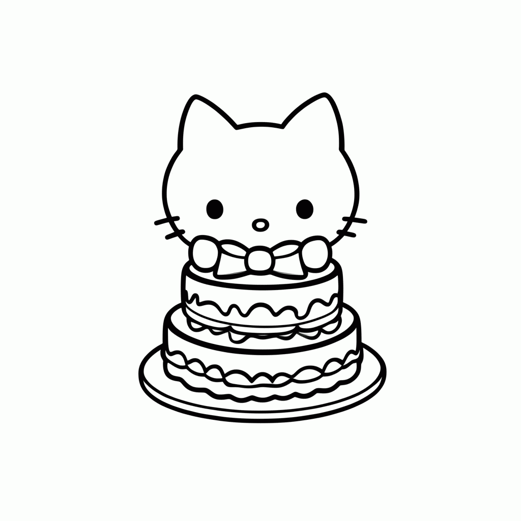 Desenho de Kitty Aniversario Bolo para colorir e imprimir grátis em folha A4