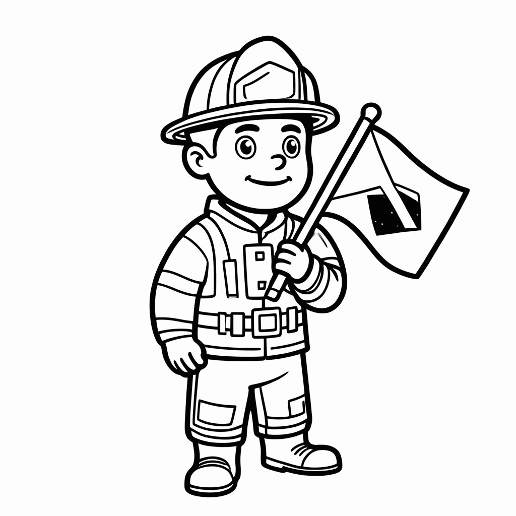 Desenho de Bombeiro Com Bandeira para colorir e imprimir grátis em folha A4