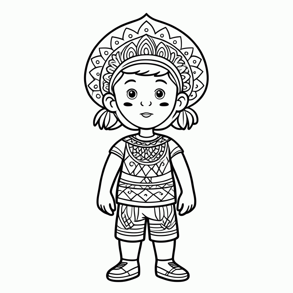 Desenho de Crianca Indigena para colorir e imprimir grátis em folha A4