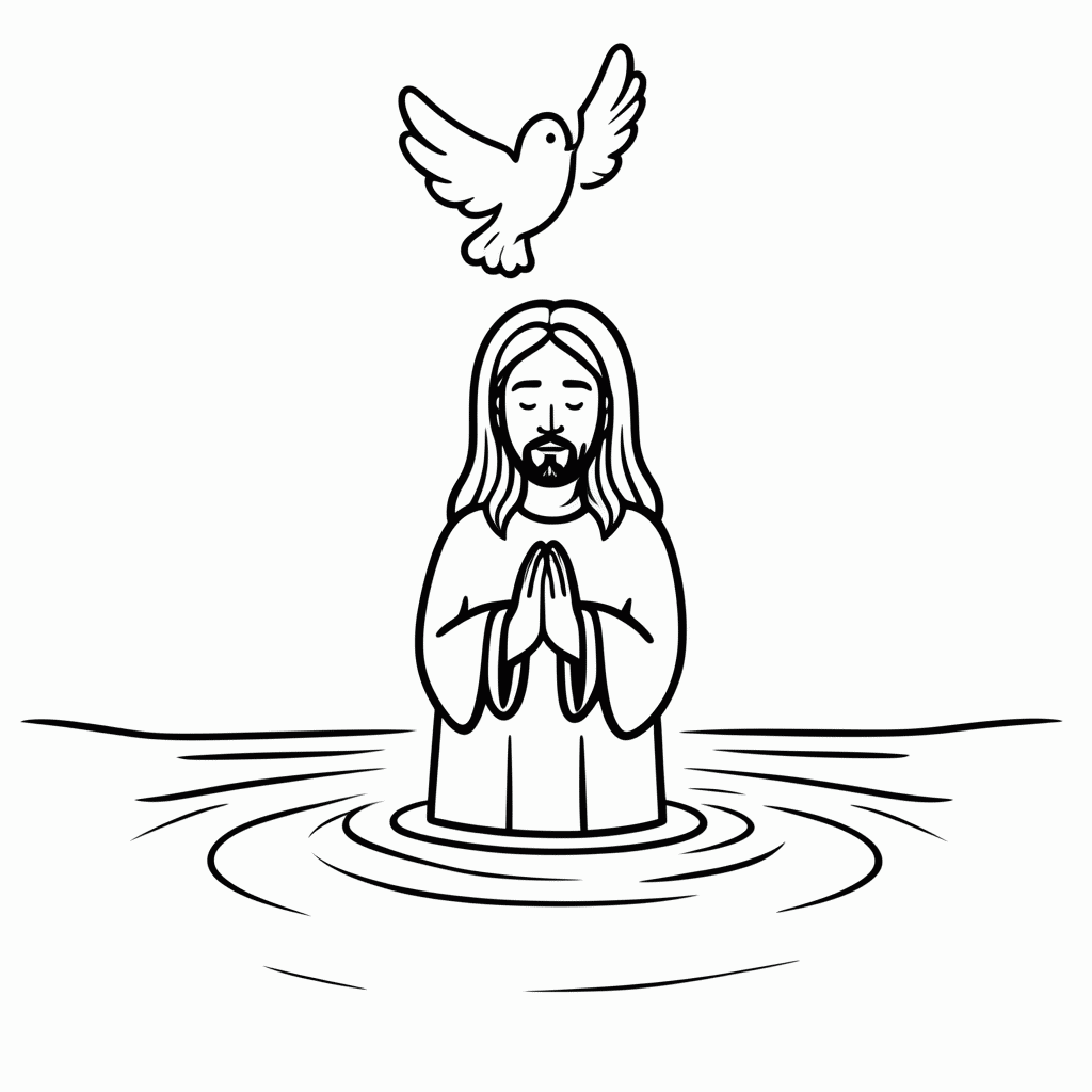 Desenho de Batismo de Jesus no Rio Jordão para colorir e imprimir grátis em folha A4