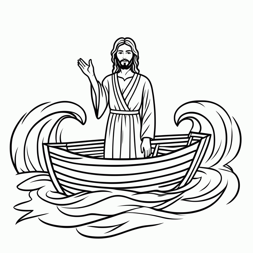 Desenho de Jesus Acalma a Tempestade para colorir e imprimir grátis em folha A4