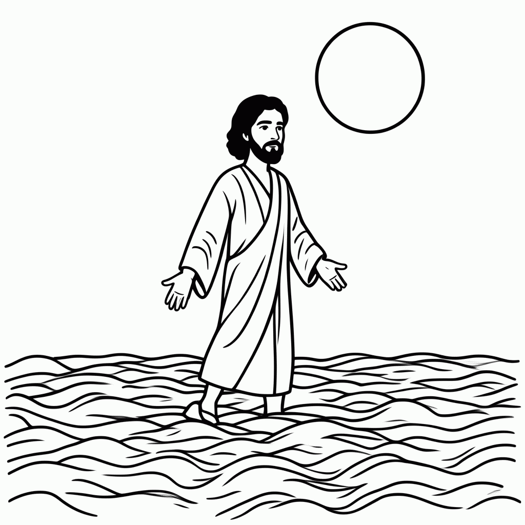 Desenho de Jesus Caminha Sobre as Águas para colorir e imprimir grátis em folha A4