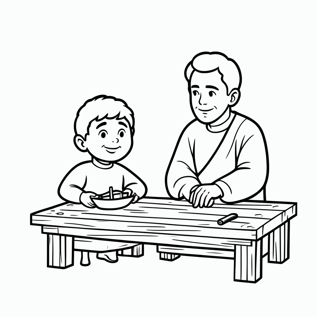 Desenho de Menino Jesus na Carpintaria com José para colorir e imprimir grátis em folha A4