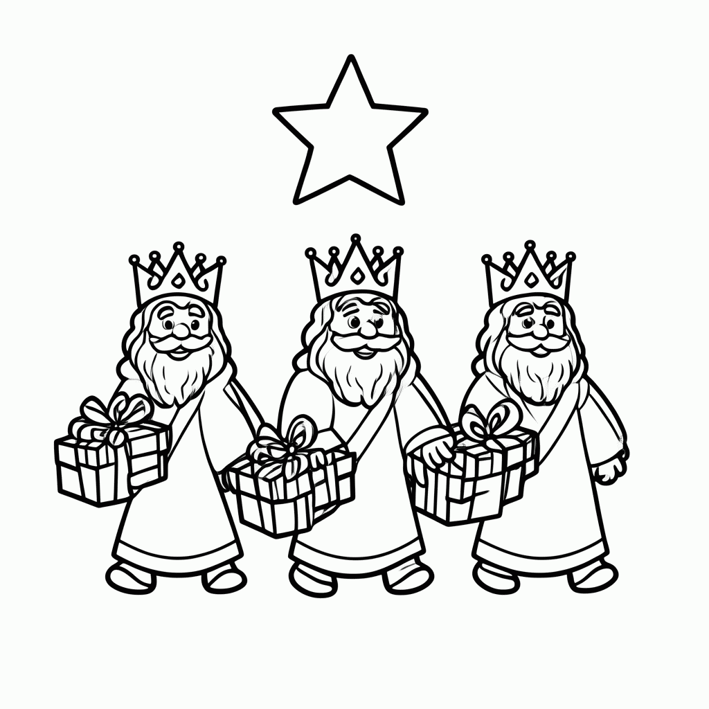 Desenho de Os Três Reis Magos Seguindo a Estrela para colorir e imprimir grátis em folha A4